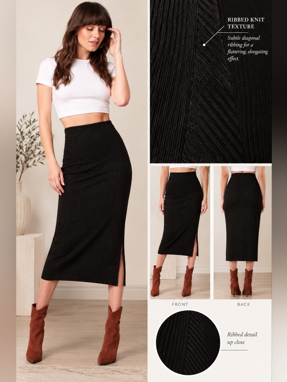 BAND OF THE FREE Renee Size Medium Rich Black Ribbed Knit Slit Pencil Midi Skirt